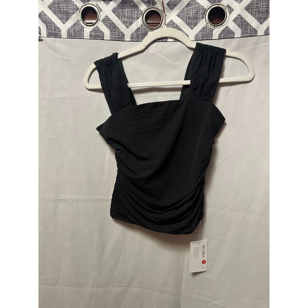 NWT Reo­ria Square Neck Dou­ble Lined Mesh Sheer Ruched Crop Black Size Small